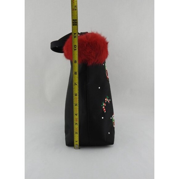 VTG Christmas Holiday Tote Bag Black Red Faux Fur Trim Embroidered Santa Sequin - Picture 7 of 14